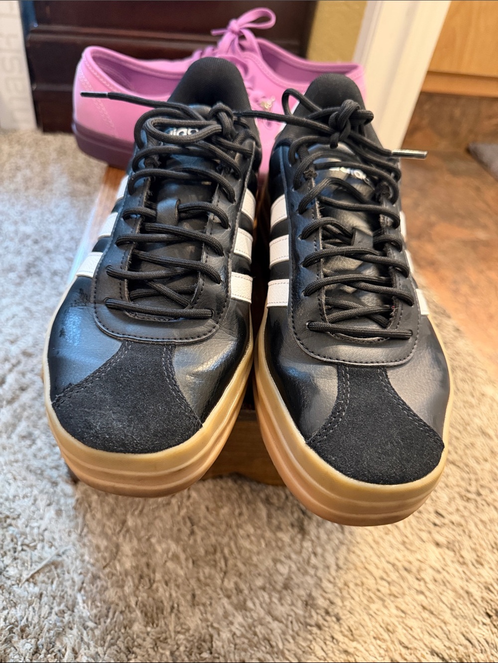adidas Black Leather & Suede Sneakers with White Stripes and Gum Sole